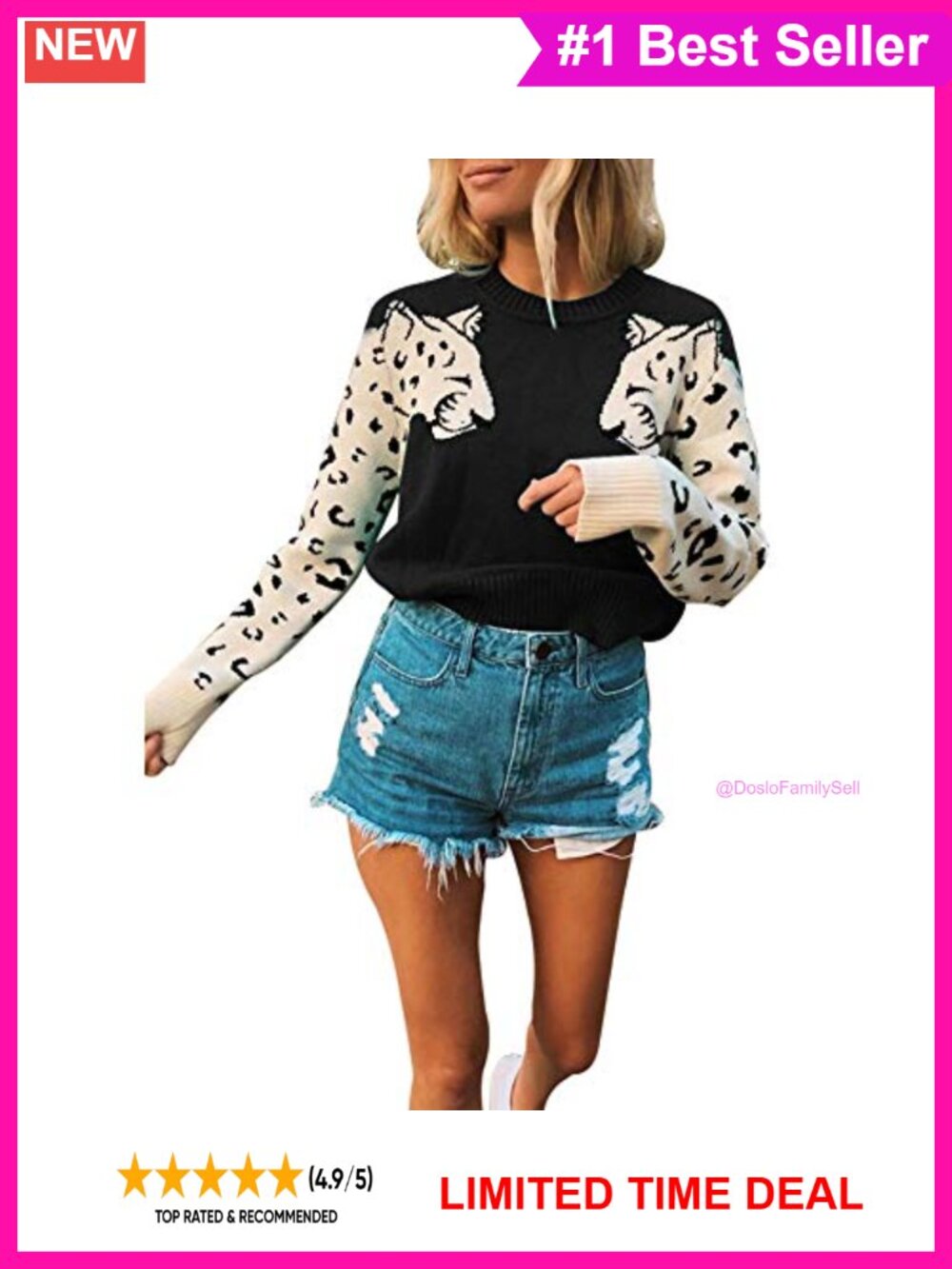 Leopard Print Knitted Pullover Sweater Long Sleeve Crew Neck Jumper